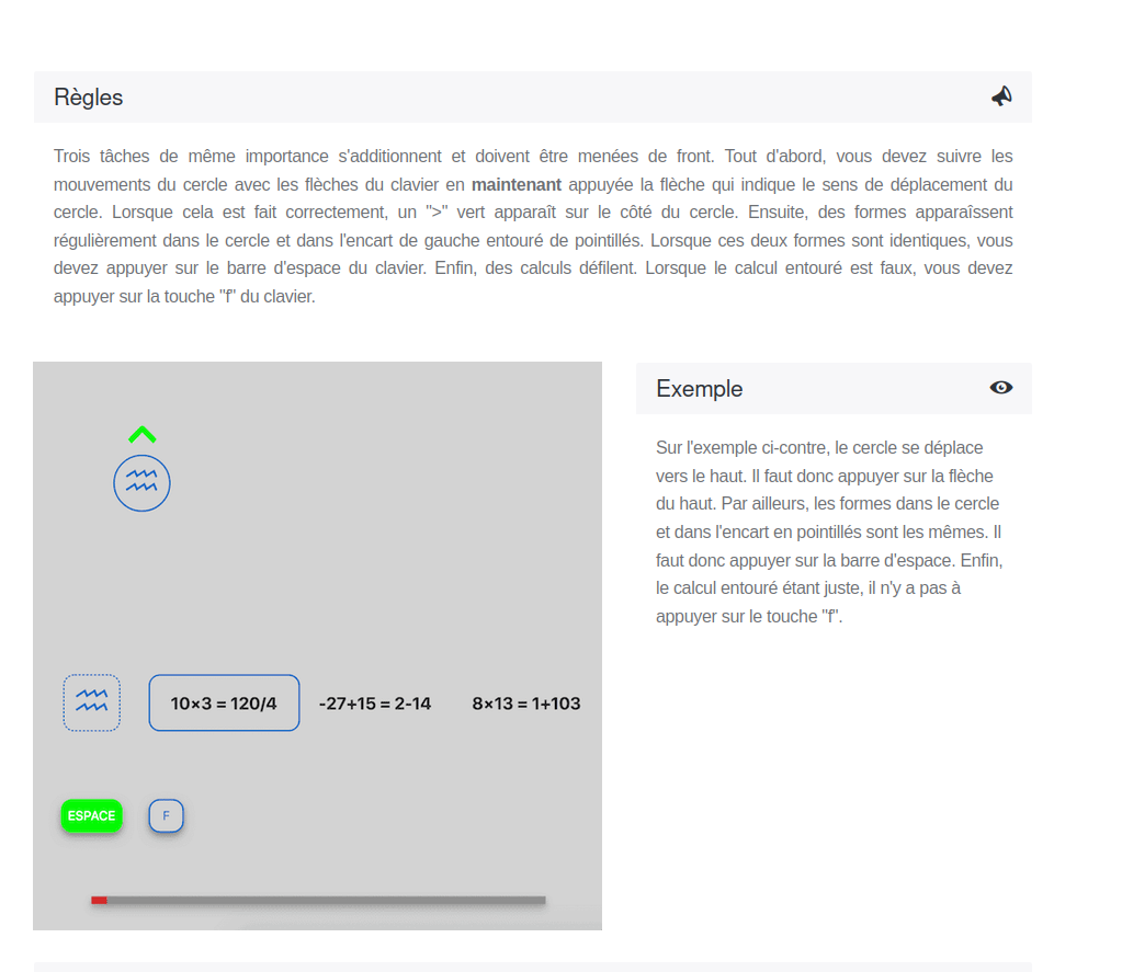 Exemple : flèche haut, Espace car formes identiques, pas F car calcul vrai